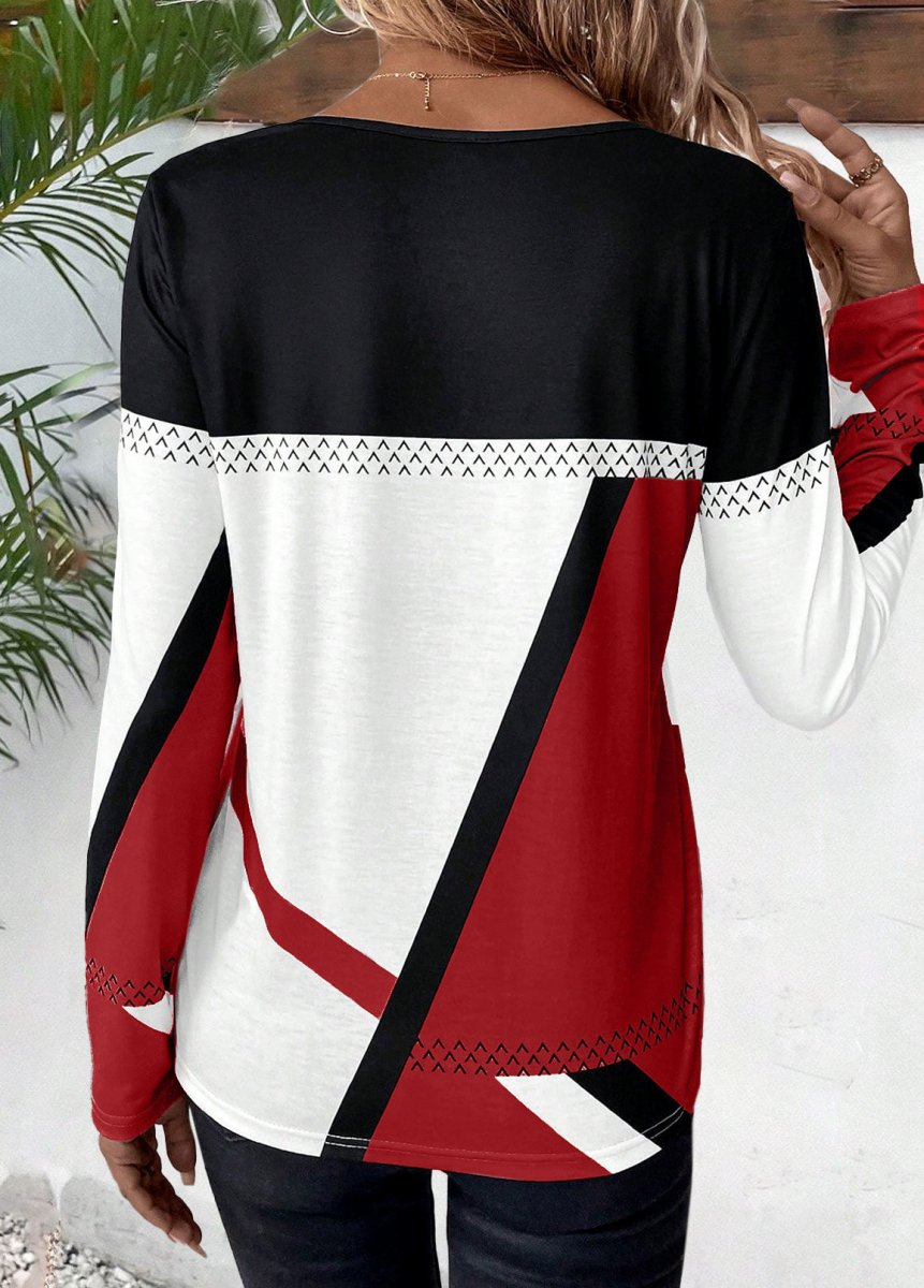 Flash Sale Elovana® Wine Red Patchwork Geometric Print Long Sleeve T Shirt - Elovana Montreal - 