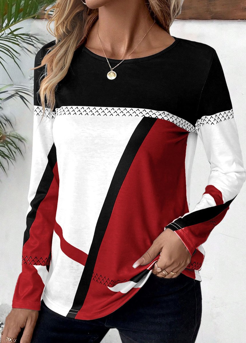 Flash Sale Elovana® Wine Red Patchwork Geometric Print Long Sleeve T Shirt - Elovana Montreal - 