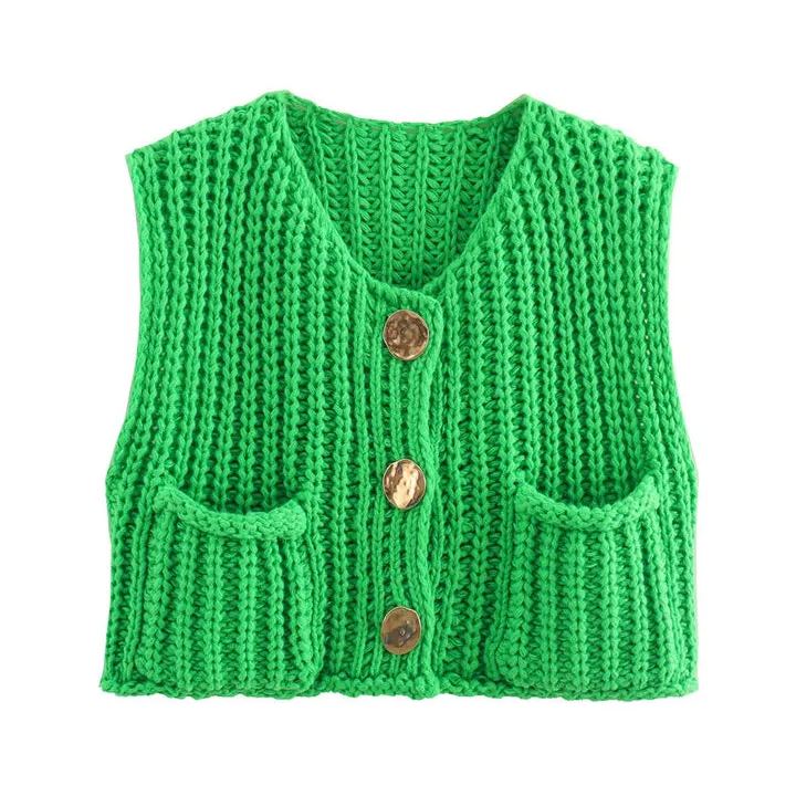 Morgane | Large Buttons Solid Color Knit Vest Cardigan