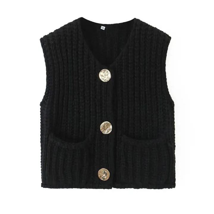 Morgane | Large Buttons Solid Color Knit Vest Cardigan