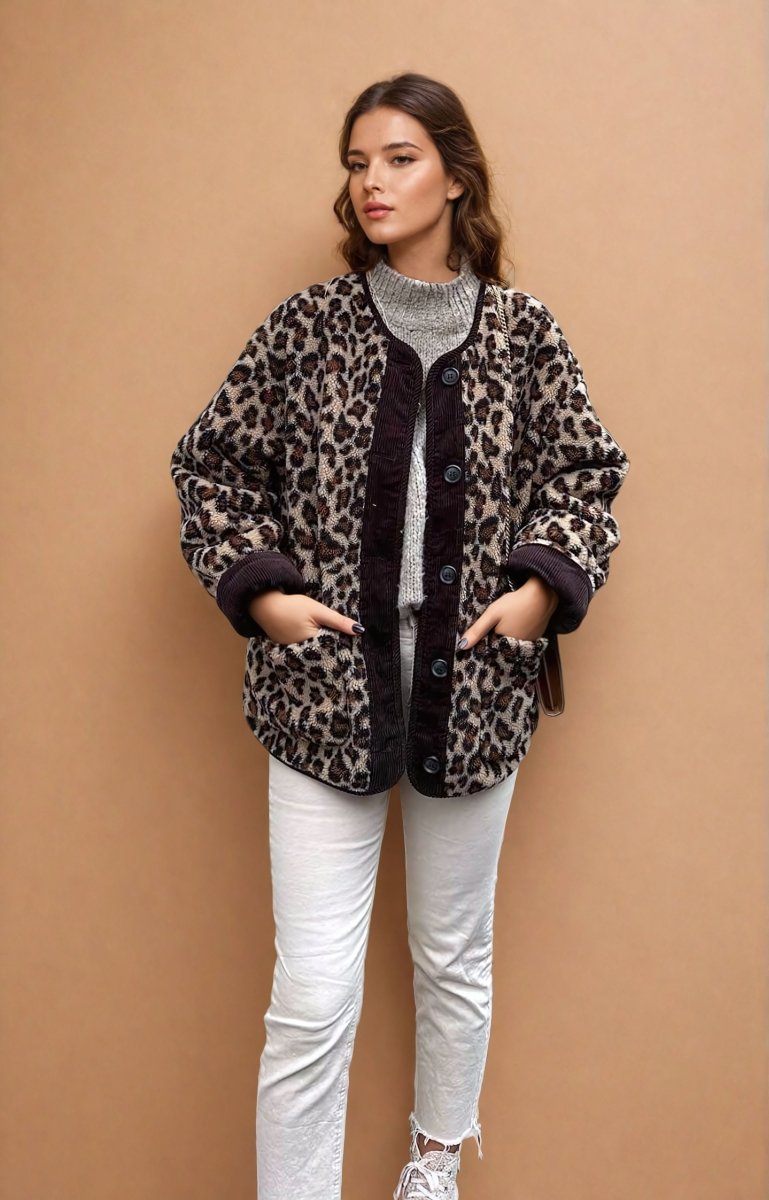 Inès | Casual Loose Leopard Print Long Sleeve Jacket - Elovana Montreal - Jackets