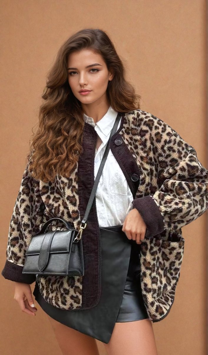 Inès | Casual Loose Leopard Print Long Sleeve Jacket - Elovana Montreal - Jackets