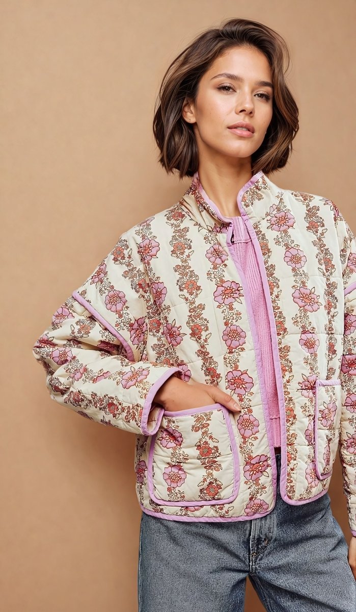 Jade | Flower Print Pocket Clip Cotton Drop Shoulder Jacket - Elovana Montreal - Jackets