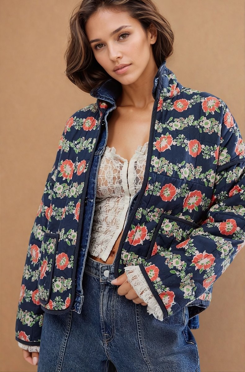 Jade | Flower Print Pocket Clip Cotton Drop Shoulder Jacket - Elovana Montreal - Jackets