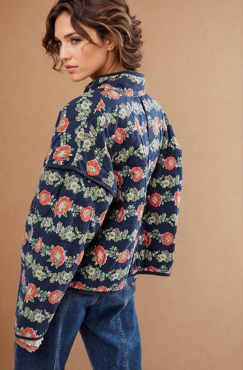 Jade | Flower Print Pocket Clip Cotton Drop Shoulder Jacket - Elovana Montreal - Jackets