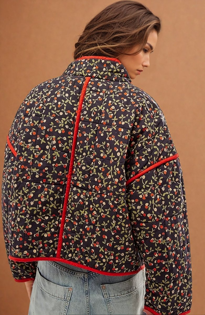 Jade | Flower Print Pocket Clip Cotton Drop Shoulder Jacket - Elovana Montreal - Jackets