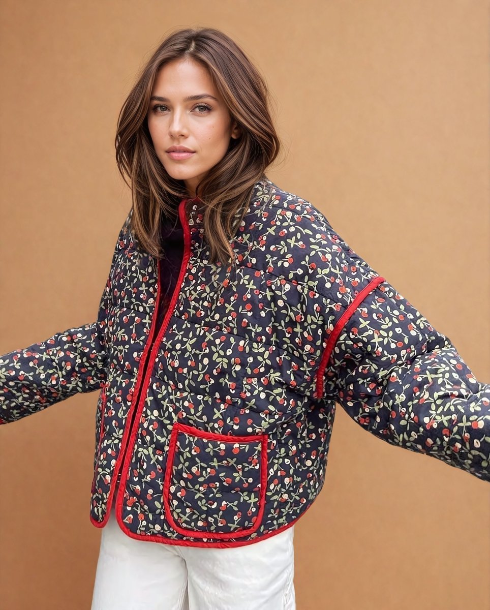 Jade | Flower Print Pocket Clip Cotton Drop Shoulder Jacket - Elovana Montreal - Jackets