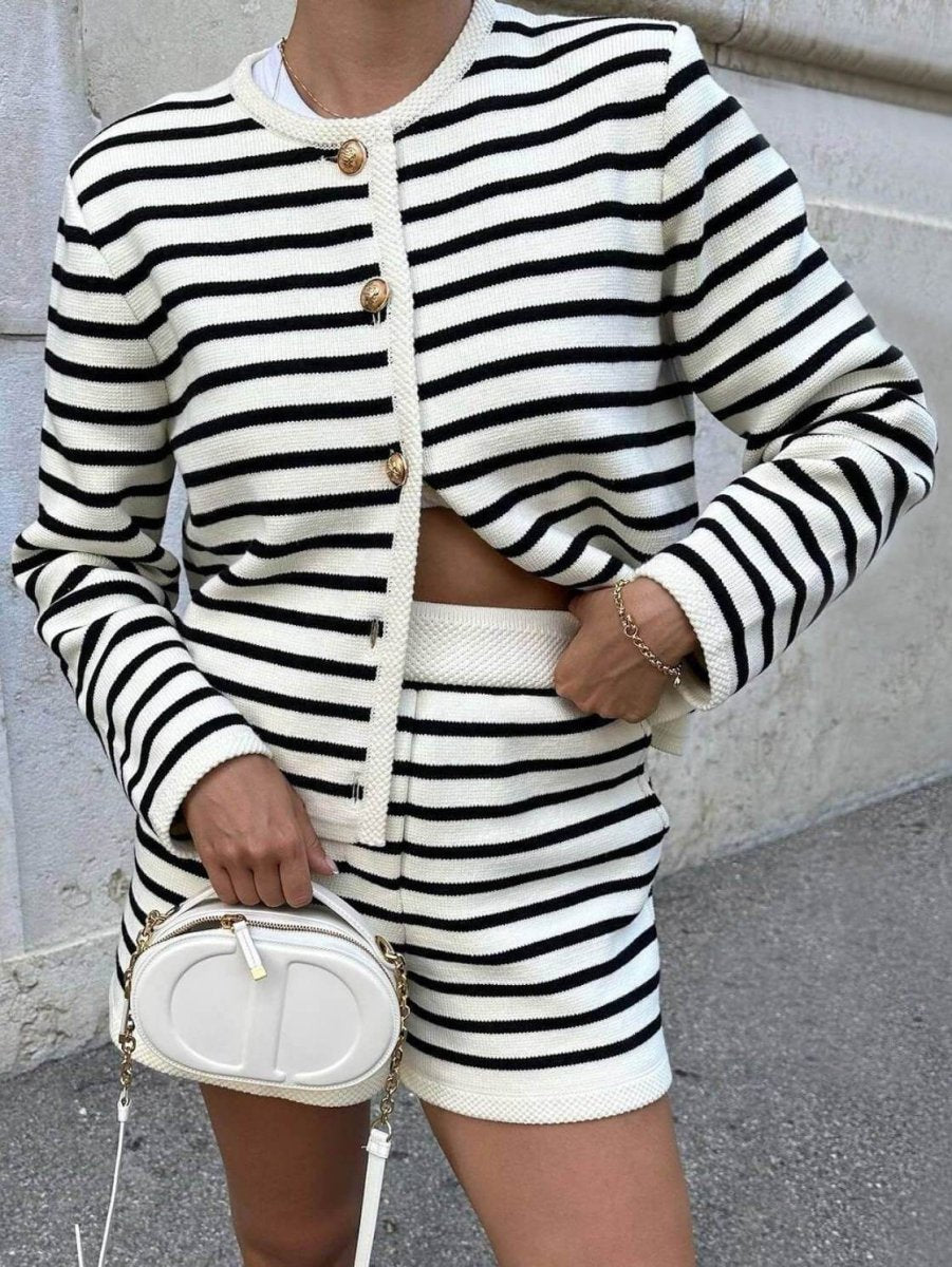 Katia | Vintage Striped Crew Neck Knitted Cardigan Jacket - Elovana Montreal - Cardigan