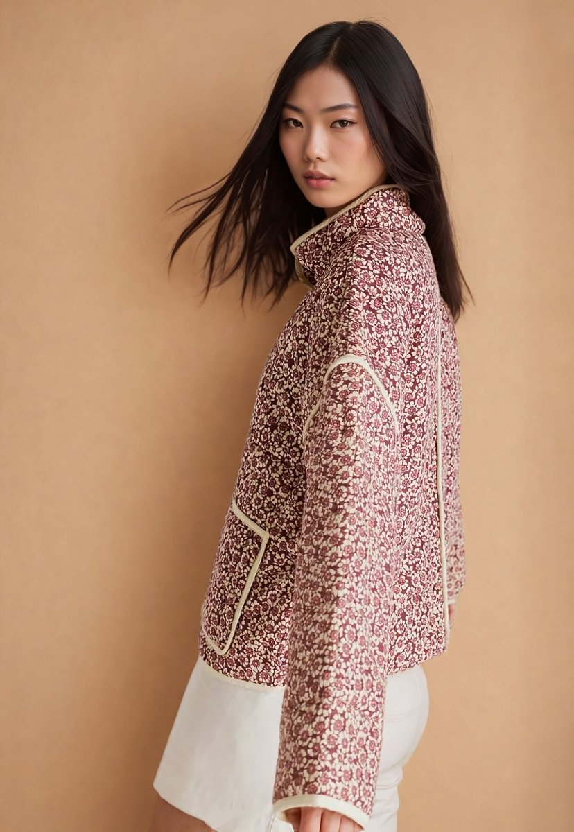 Léna | Small Floral Print Pocket Clip Cotton Drop Shoulder Jacket - Elovana Montreal - Jackets