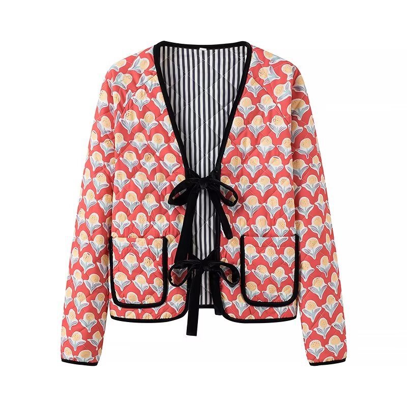 Liliane | Cute Floral Print Bow Lace - Up Jacket - Elovana Montreal - Jackets