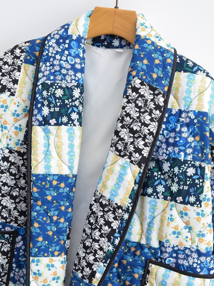 Lilou | Floral Patchwork Print Lapel Pocket Jacket - Elovana Montreal - Jackets