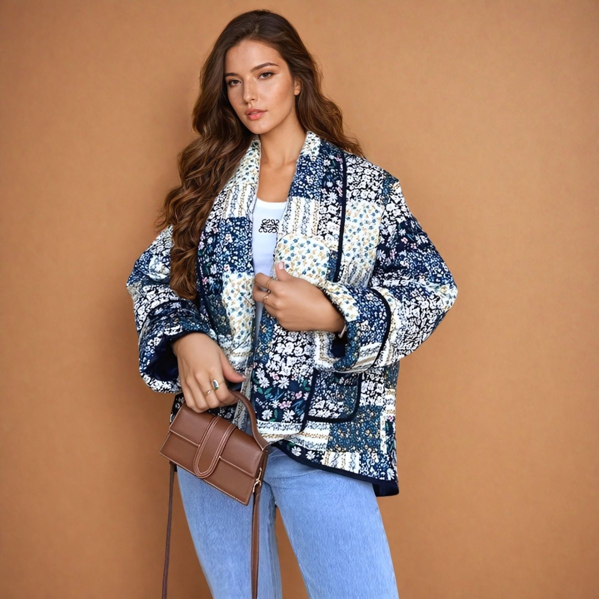 Lilou | Floral Patchwork Print Lapel Pocket Jacket - Elovana Montreal - Jackets