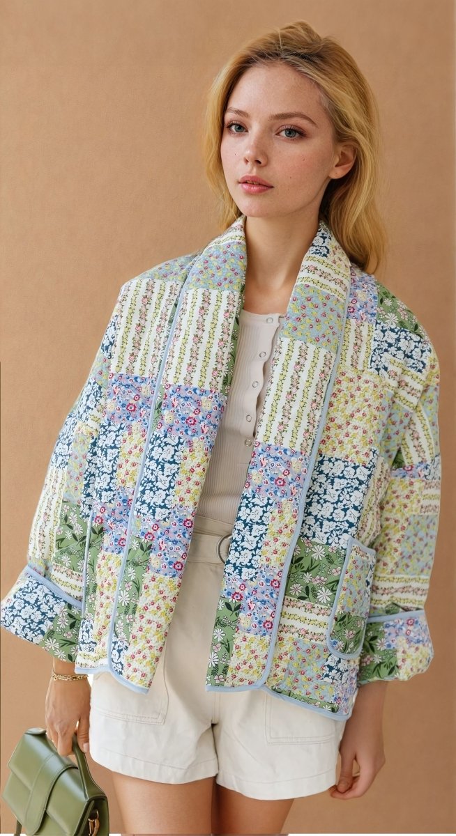 Lyne | Yellow - Green Floral Patterned Patchwork Printed Jacket - Elovana Montreal - Jackets