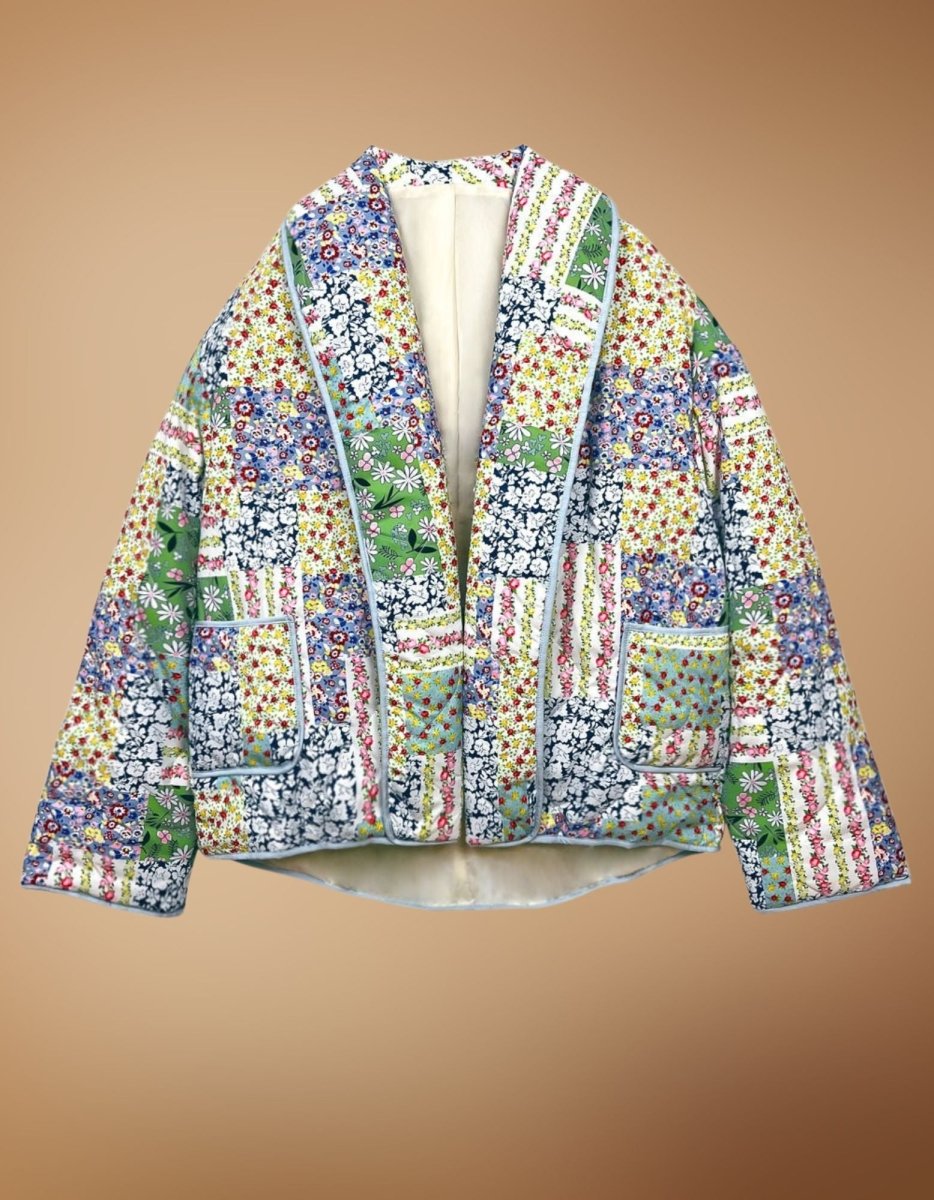 Lyne | Yellow - Green Floral Patterned Patchwork Printed Jacket - Elovana Montreal - Jackets