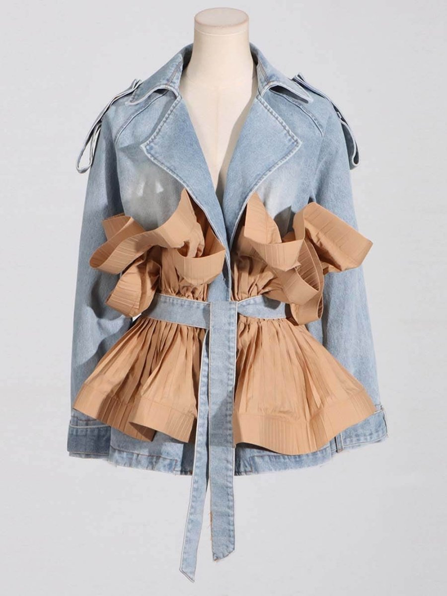 Margaux | Trendy Contrast Color Ruffled Pleated Lace - Up Denim Jacket - Elovana Montreal - Jackets