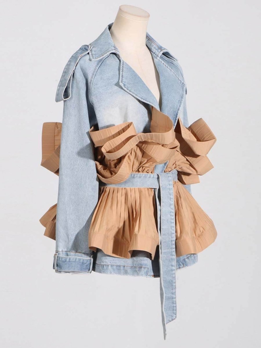 Margaux | Trendy Contrast Color Ruffled Pleated Lace - Up Denim Jacket - Elovana Montreal - Jackets