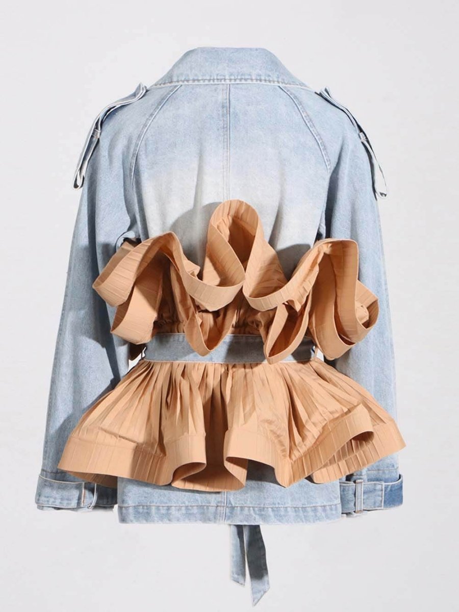 Margaux | Trendy Contrast Color Ruffled Pleated Lace - Up Denim Jacket - Elovana Montreal - Jackets