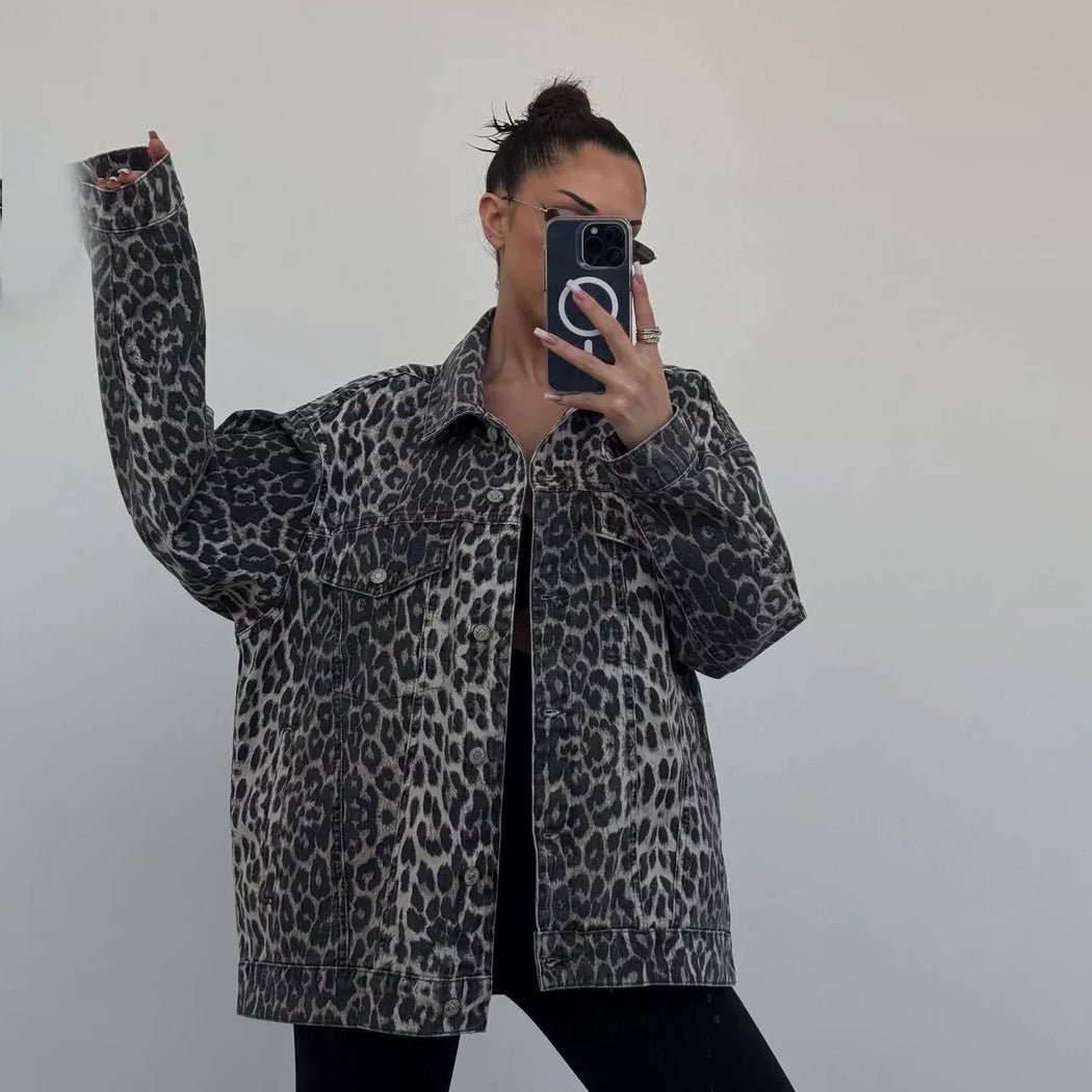 Marguerite | Vintage Street Casual Leopard Print Denim Jacket - Elovana Montreal - Jackets