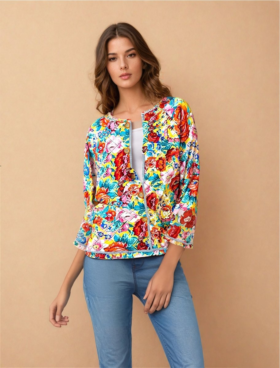 Marie | Roses Quilted Floral Patchwork Print Bohemian Jacket - Elovana Montreal - Jackets