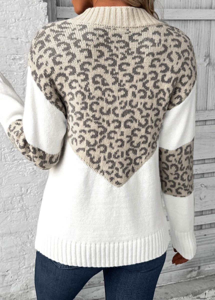 NEW Elovana DESIGN Light Camel Patchwork Leopard Long Sleeve V Neck Sweater - Elovana Montreal - 