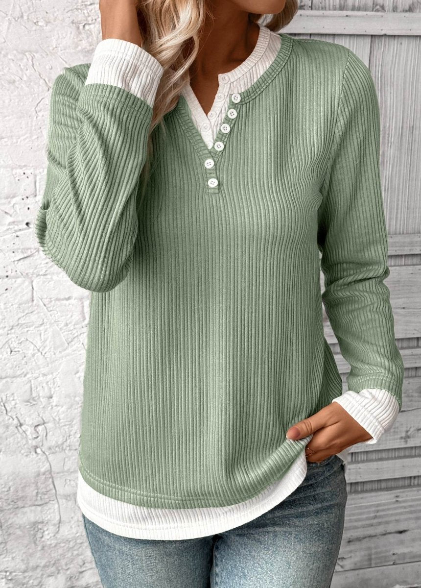 NEW IN Elovana DESIGN Light Green Fake 2in1 Long Sleeve T Shirt - Elovana Montreal - 