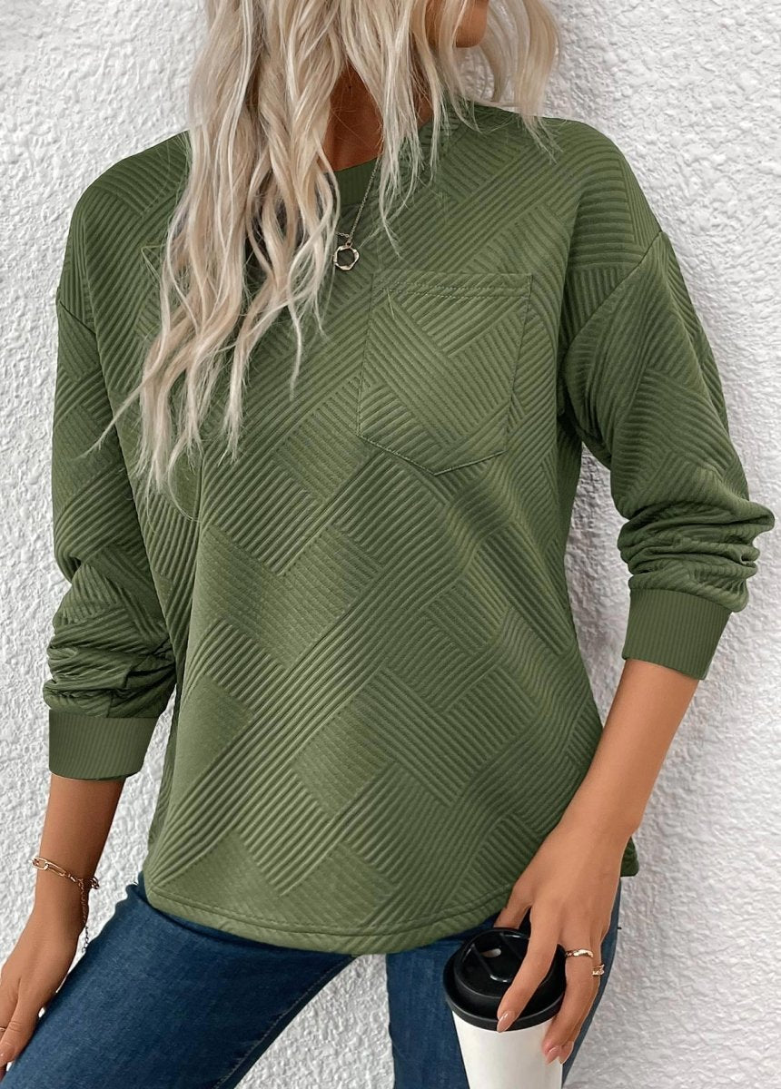 NEW IN Elovana DESIGN Olive Green Jacquard Long Sleeve Round Neck Sweatshirt - Elovana Montreal - 