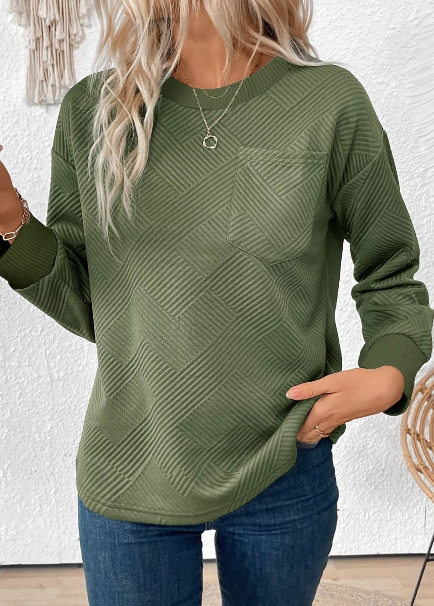 NEW IN Elovana DESIGN Olive Green Jacquard Long Sleeve Round Neck Sweatshirt - Elovana Montreal - 