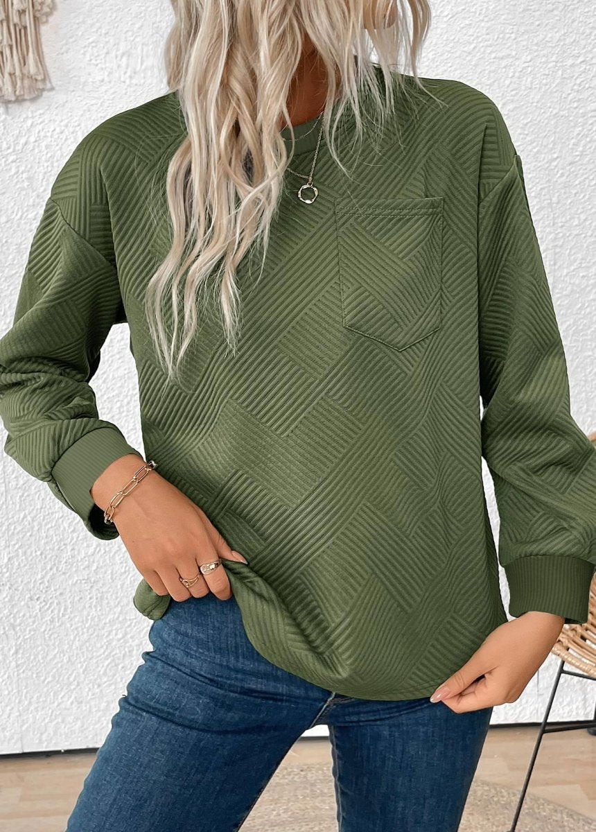 NEW IN Elovana DESIGN Olive Green Jacquard Long Sleeve Round Neck Sweatshirt - Elovana Montreal - 