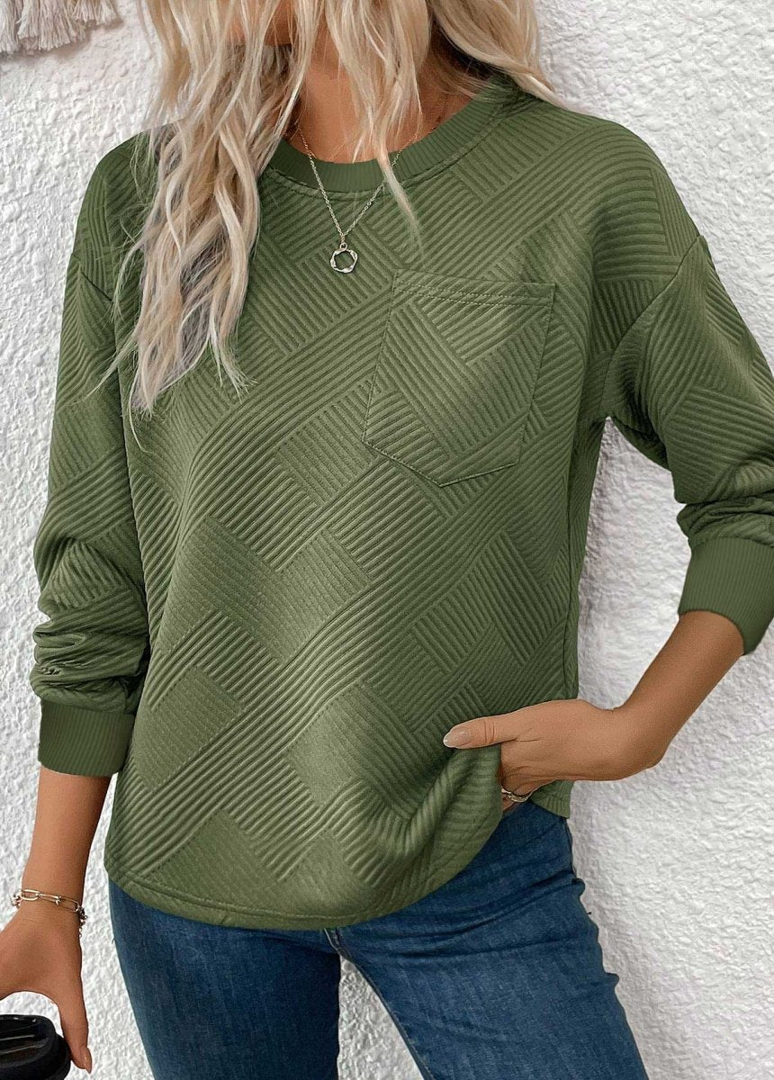 NEW IN Elovana DESIGN Olive Green Jacquard Long Sleeve Round Neck Sweatshirt - Elovana Montreal - 