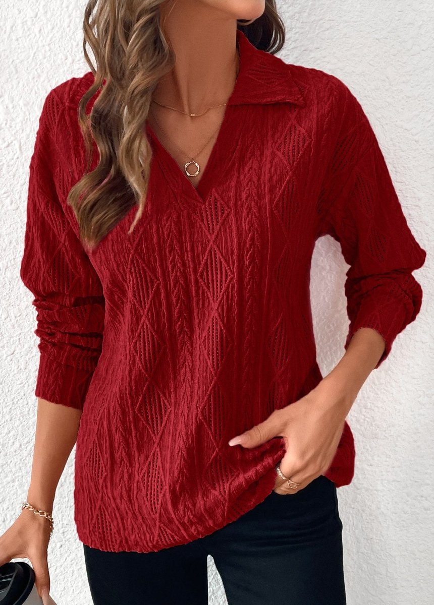 NEW IN Elovana DESIGN Wine Red Lace Long Sleeve Turn Down Collar Blouse - Elovana Montreal - 