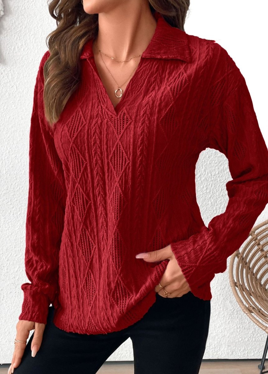 NEW IN Elovana DESIGN Wine Red Lace Long Sleeve Turn Down Collar Blouse - Elovana Montreal - 