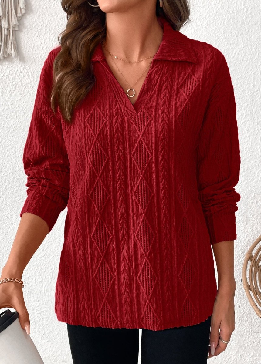 NEW IN Elovana DESIGN Wine Red Lace Long Sleeve Turn Down Collar Blouse - Elovana Montreal - 