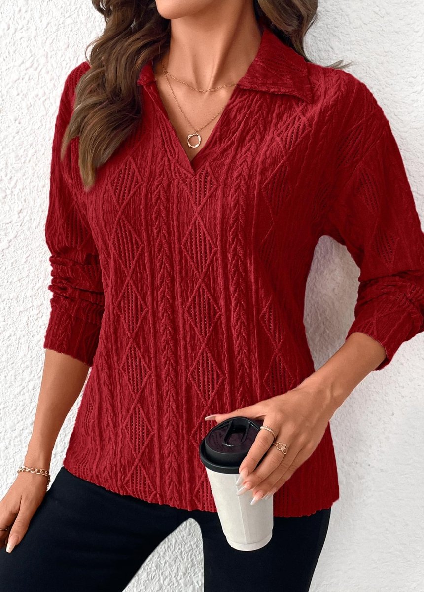 NEW IN Elovana DESIGN Wine Red Lace Long Sleeve Turn Down Collar Blouse - Elovana Montreal - 