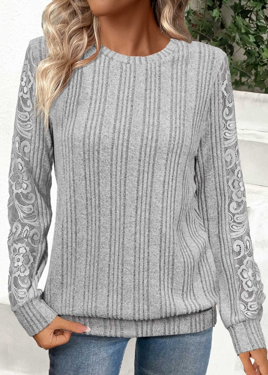 NEW IN Elovana® Grey Lace Long Sleeve Round Neck Sweatshirt - Elovana Montreal - 