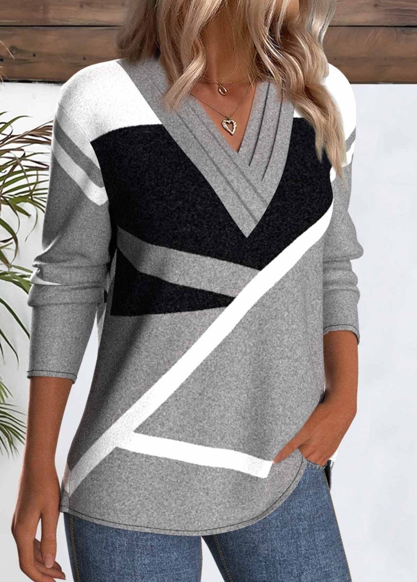 NEW IN Elovana® Grey Patchwork Geometric Print Long Sleeve T Shirt - Elovana Montreal - 