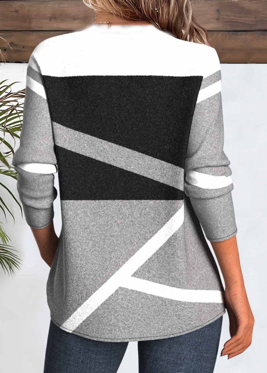 NEW IN Elovana® Grey Patchwork Geometric Print Long Sleeve T Shirt - Elovana Montreal - 