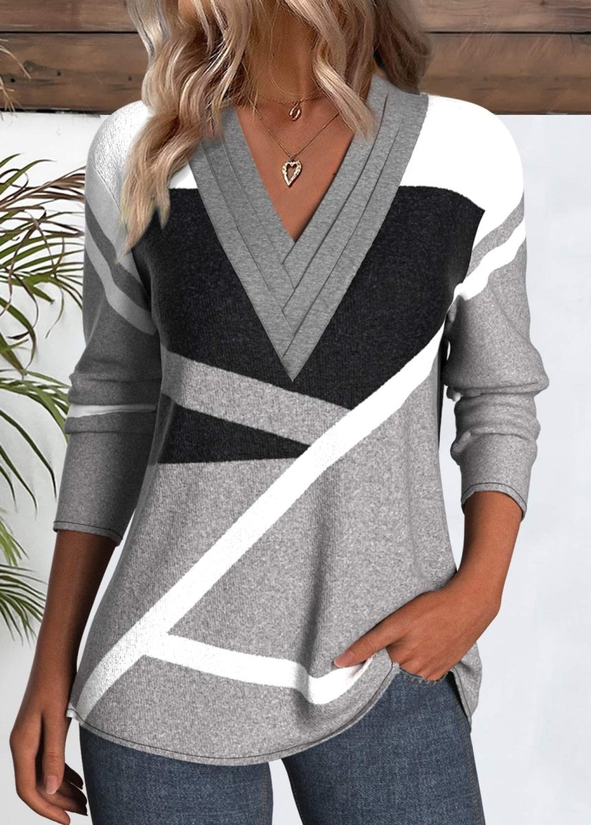 NEW IN Elovana® Grey Patchwork Geometric Print Long Sleeve T Shirt - Elovana Montreal - 