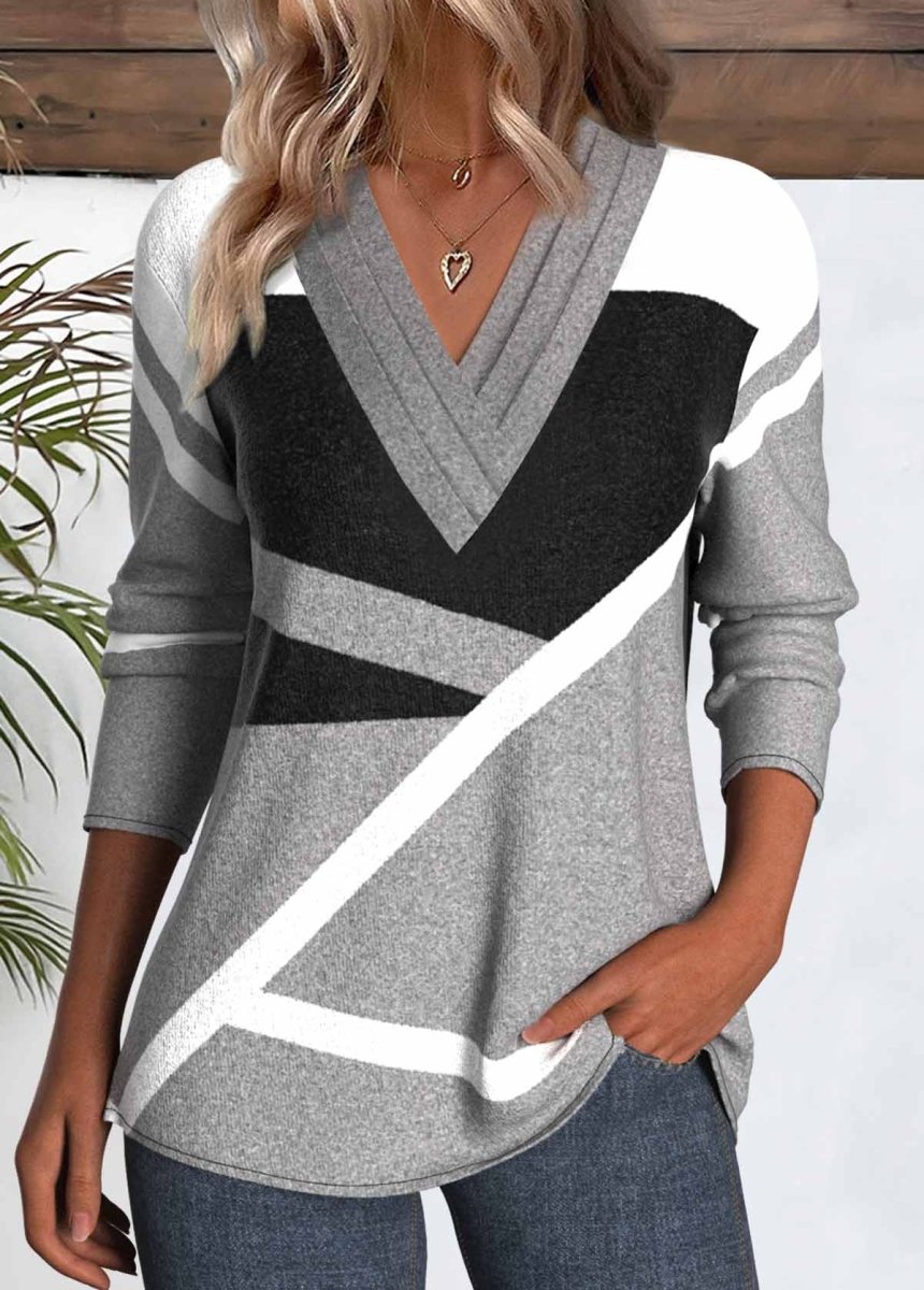 NEW IN Elovana® Grey Patchwork Geometric Print Long Sleeve T Shirt - Elovana Montreal - 