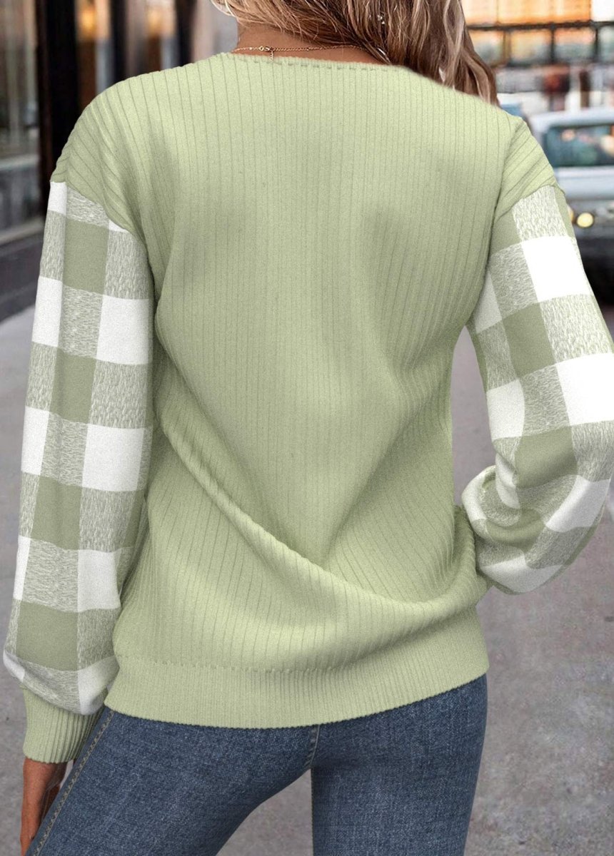 NEW IN Elovana® Light Green Patchwork Plaid Long Sleeve Round Neck Sweatshirt - Elovana Montreal - 