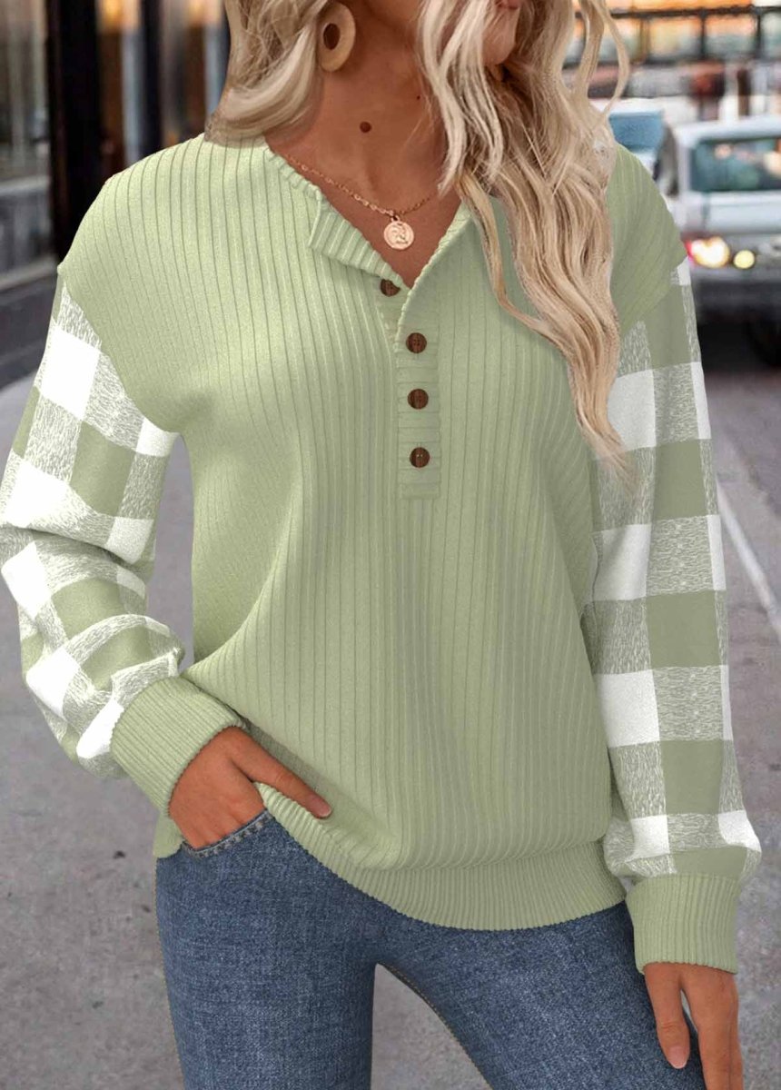 NEW IN Elovana® Light Green Patchwork Plaid Long Sleeve Round Neck Sweatshirt - Elovana Montreal - 