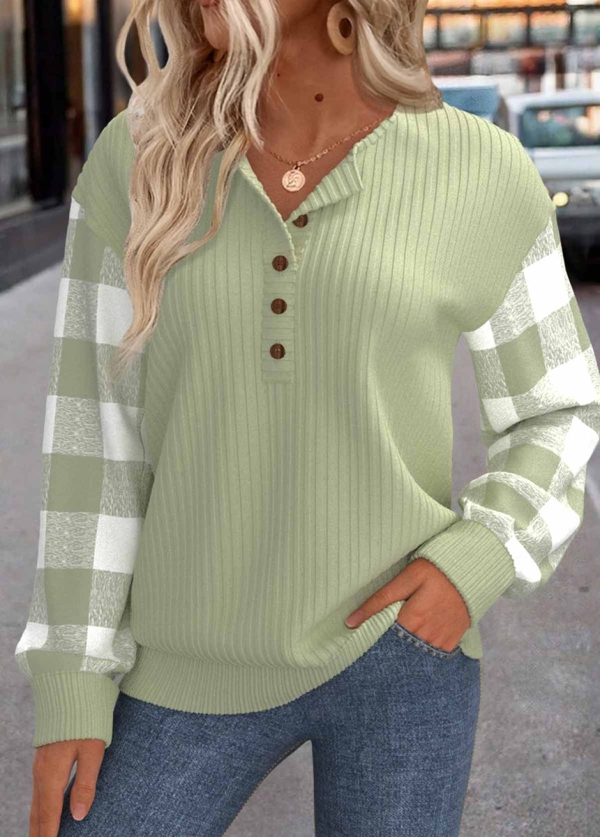 NEW IN Elovana® Light Green Patchwork Plaid Long Sleeve Round Neck Sweatshirt - Elovana Montreal - 