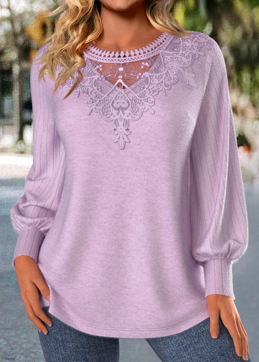 NEW IN Elovana® Light Purple Embroidery Long Sleeve Round Neck T Shirt - Elovana Montreal - 