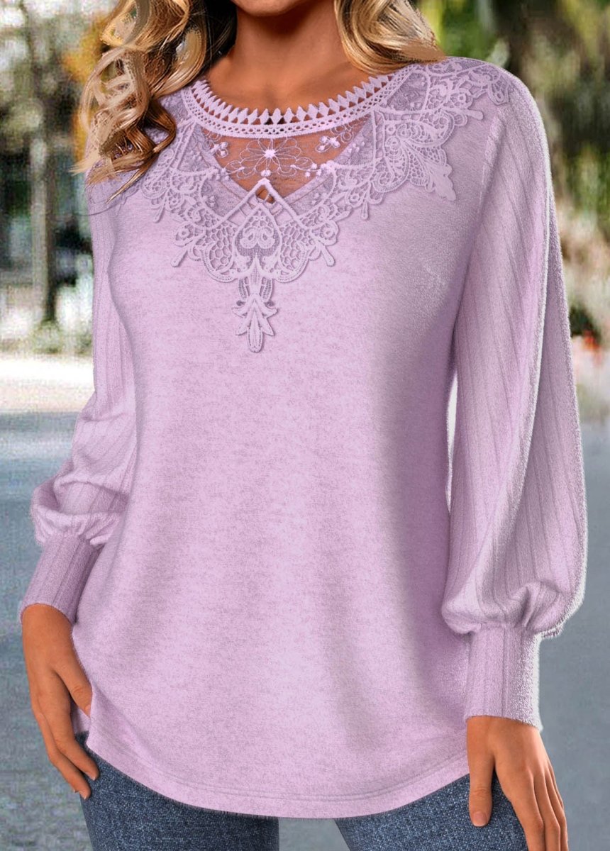 NEW IN Elovana® Light Purple Embroidery Long Sleeve Round Neck T Shirt - Elovana Montreal - 