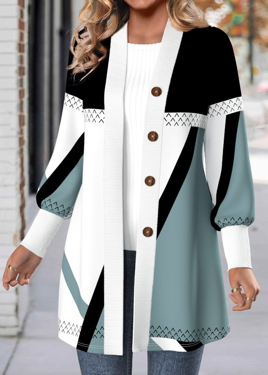 NEW IN Elovana® Multi Color Button Geometric Print Long Sleeve Coat - Elovana Montreal - 