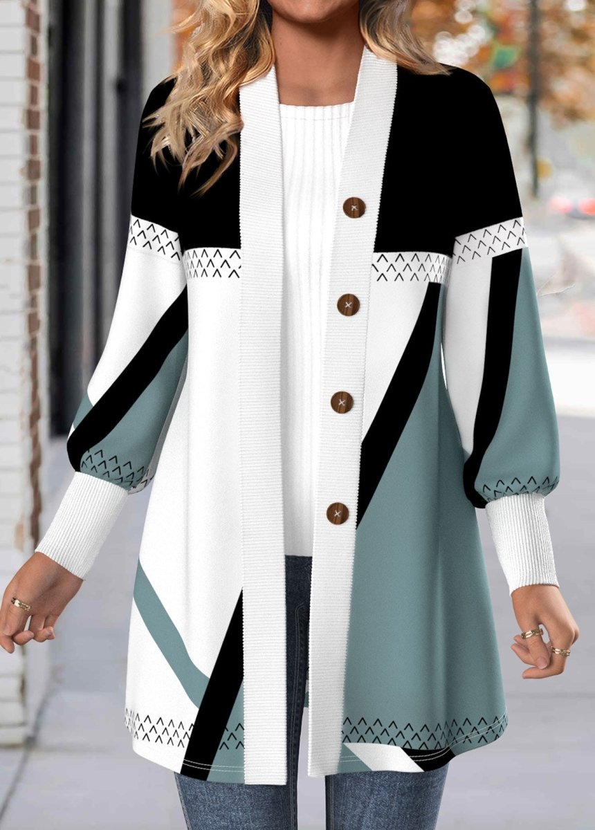 NEW IN Elovana® Multi Color Button Geometric Print Long Sleeve Coat - Elovana Montreal - 