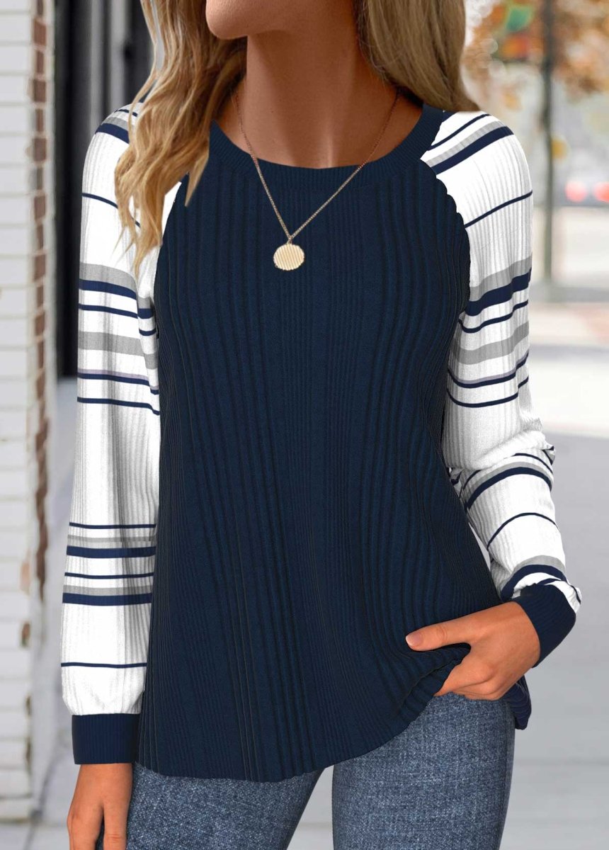 NEW IN Elovana® Navy Patchwork Striped Long Sleeve Round Neck Sweatshirt - Elovana Montreal - 