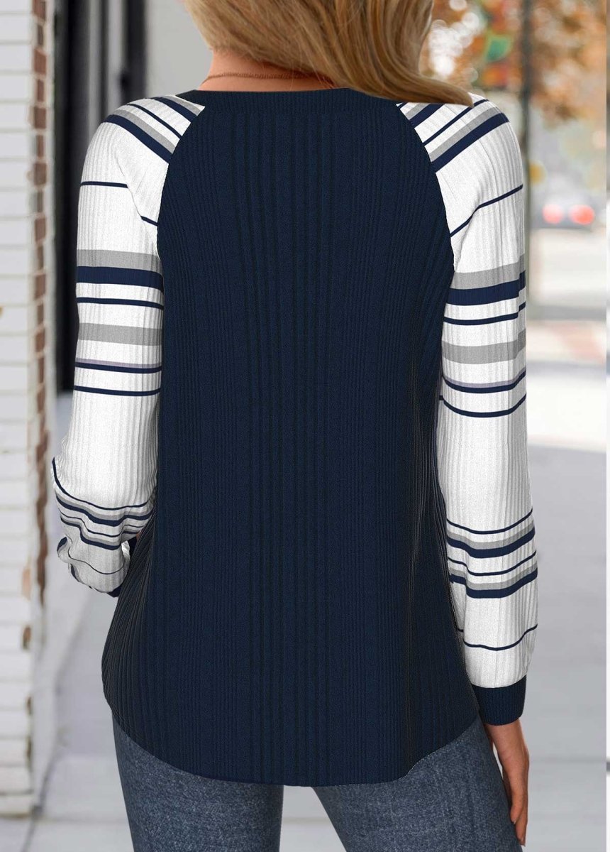 NEW IN Elovana® Navy Patchwork Striped Long Sleeve Round Neck Sweatshirt - Elovana Montreal - 