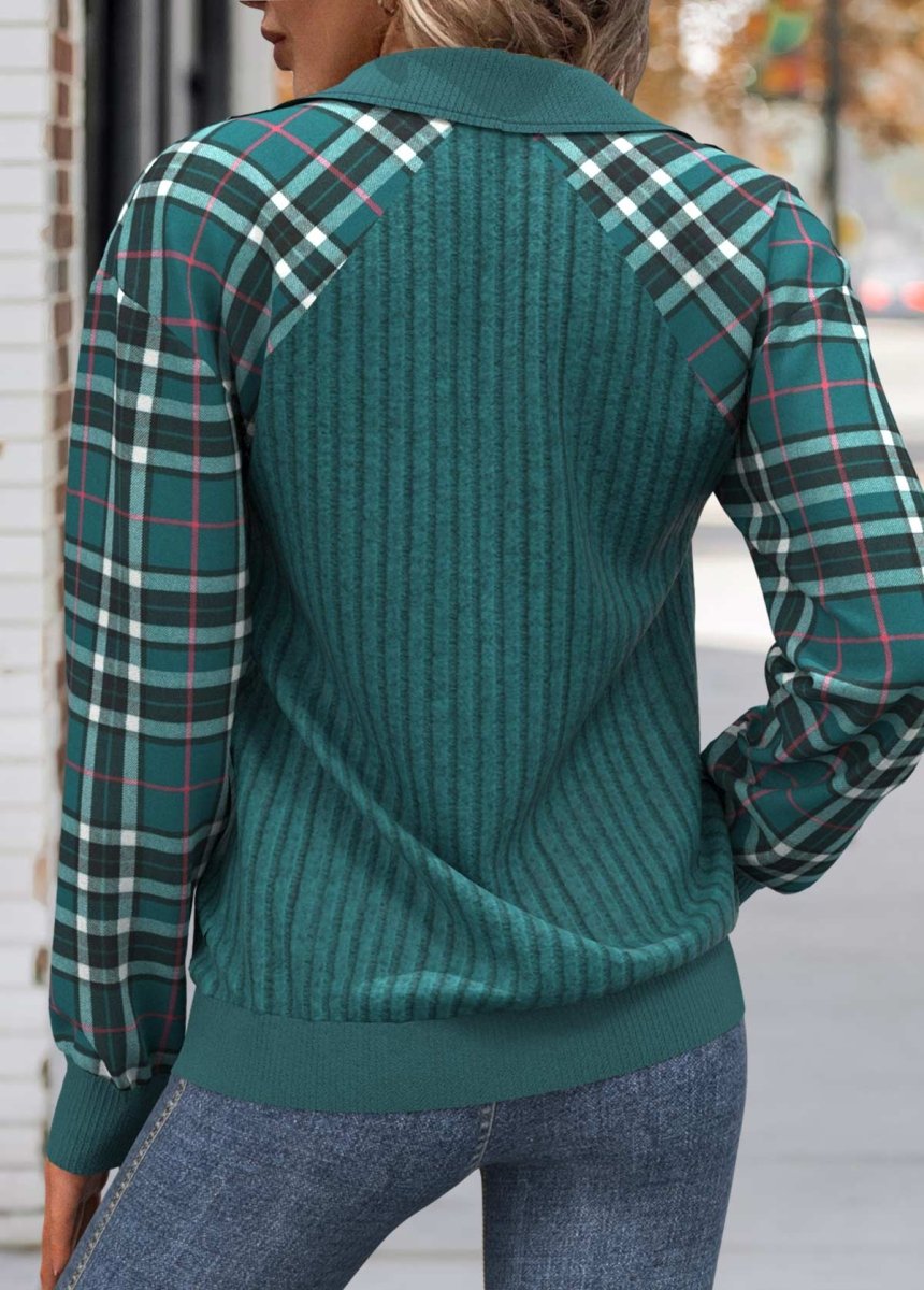 NEW IN Elovana® Peacock Blue Patchwork Plaid Long Sleeve Sweatshirt - Elovana Montreal - 