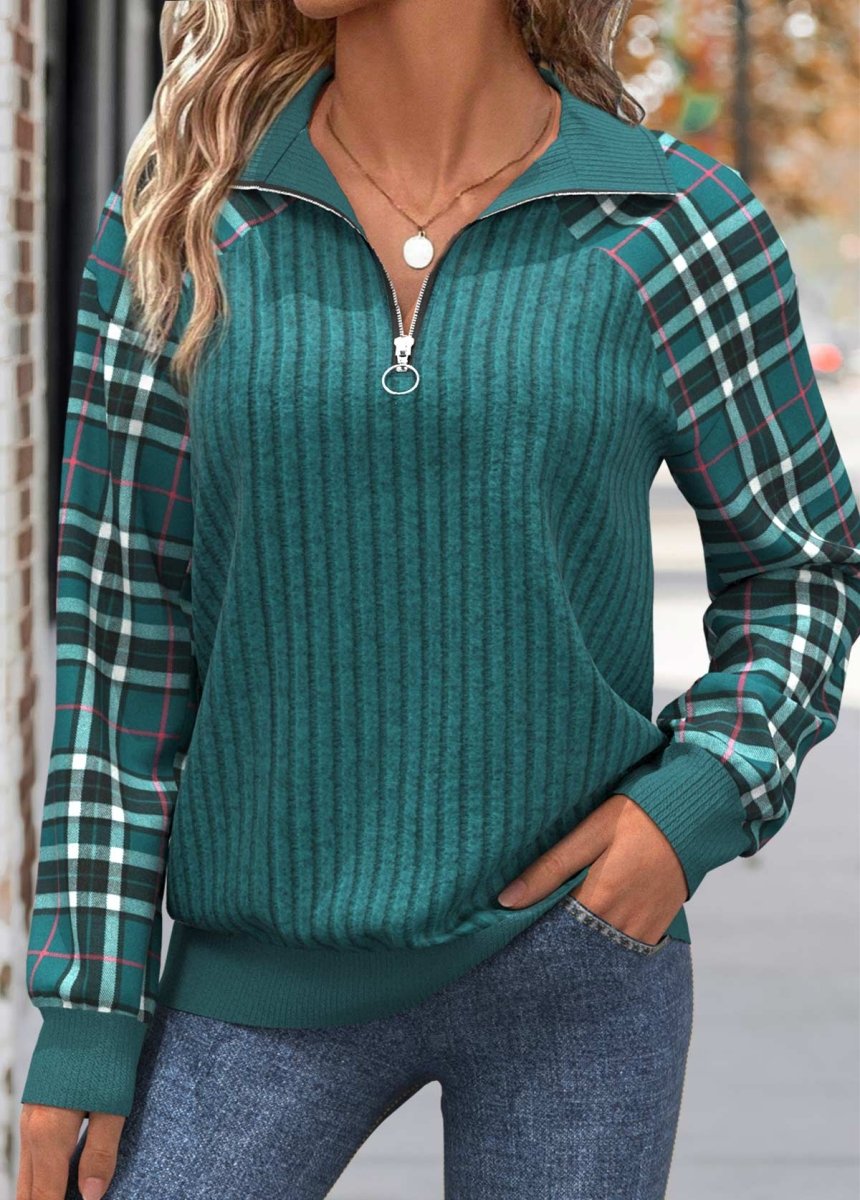 NEW IN Elovana® Peacock Blue Patchwork Plaid Long Sleeve Sweatshirt - Elovana Montreal - 