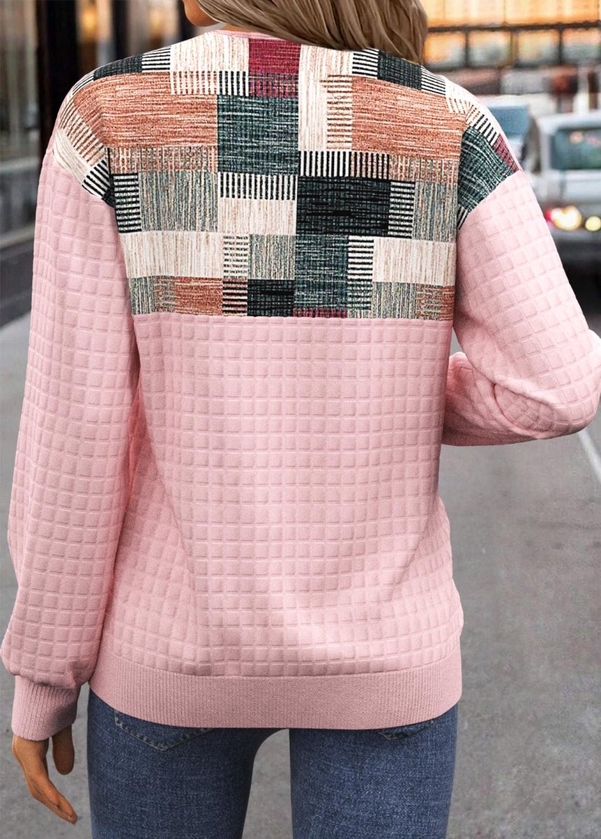 NEW IN Elovana® Pink Button Geometric Print Long Sleeve Sweatshirt - Elovana Montreal - 